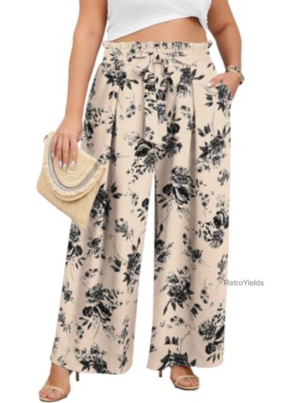 Plus Size Wide Leg Palazzo Pants High Waist Pleated Trousers with Pockets